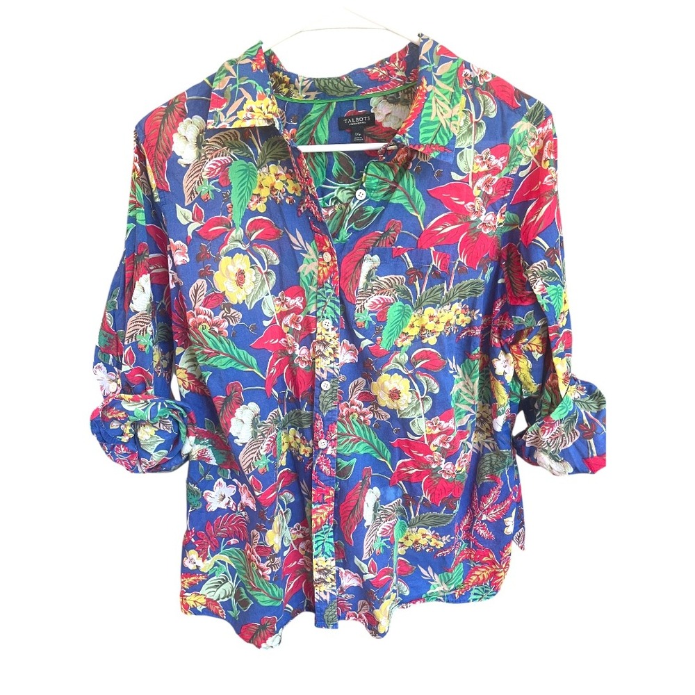 Talbots Floral Pattern Blue Red Yellow Green Cotton Button Down Top 1X P